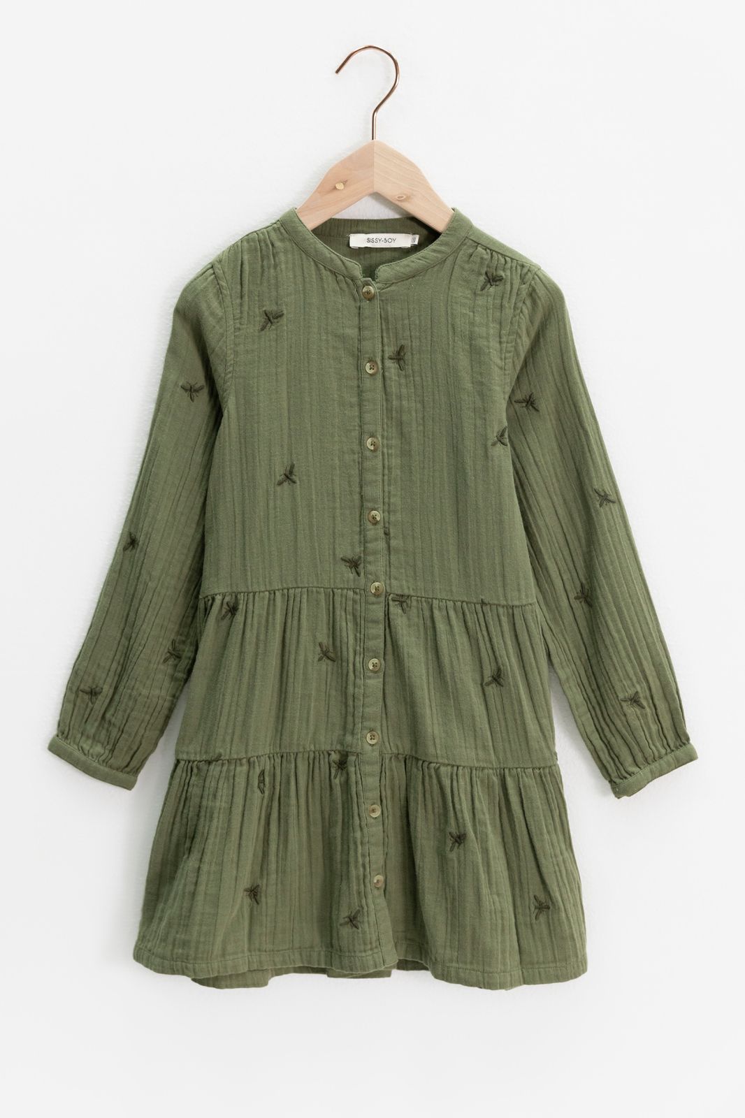 Musselin-Kleid mit Fliegen-Stickerei - grün