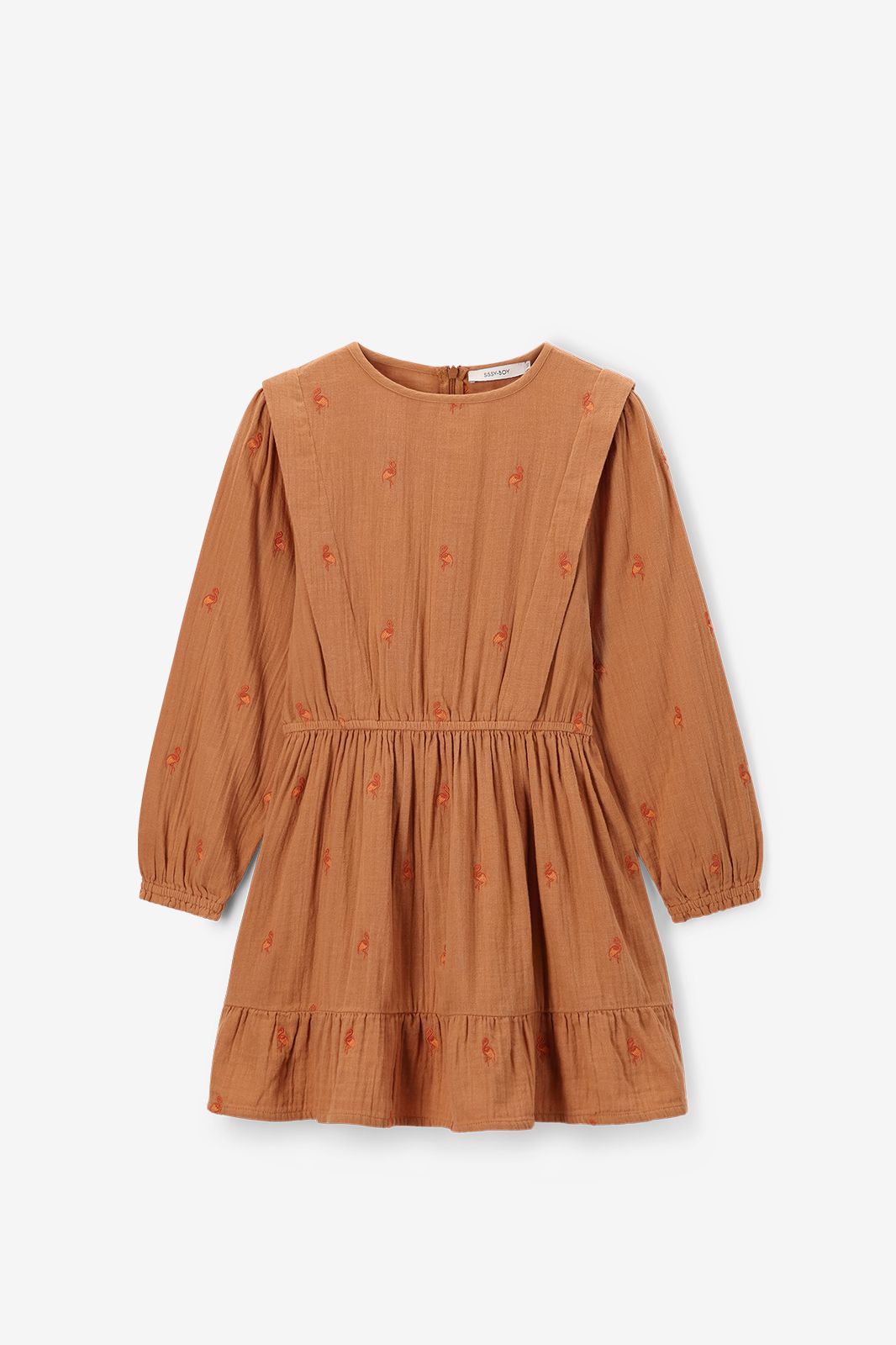 Kleid mit Flamingo-Stickerei - hellbraun