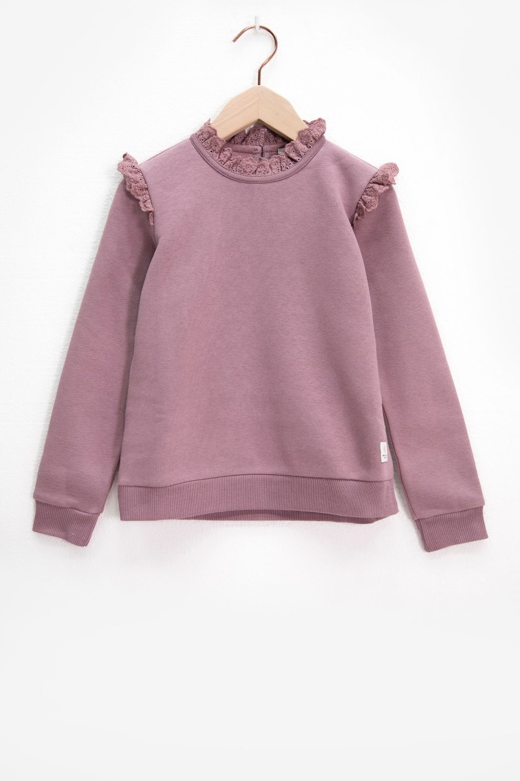 Sweater mit Rüschen und Anglaise-Details - lila