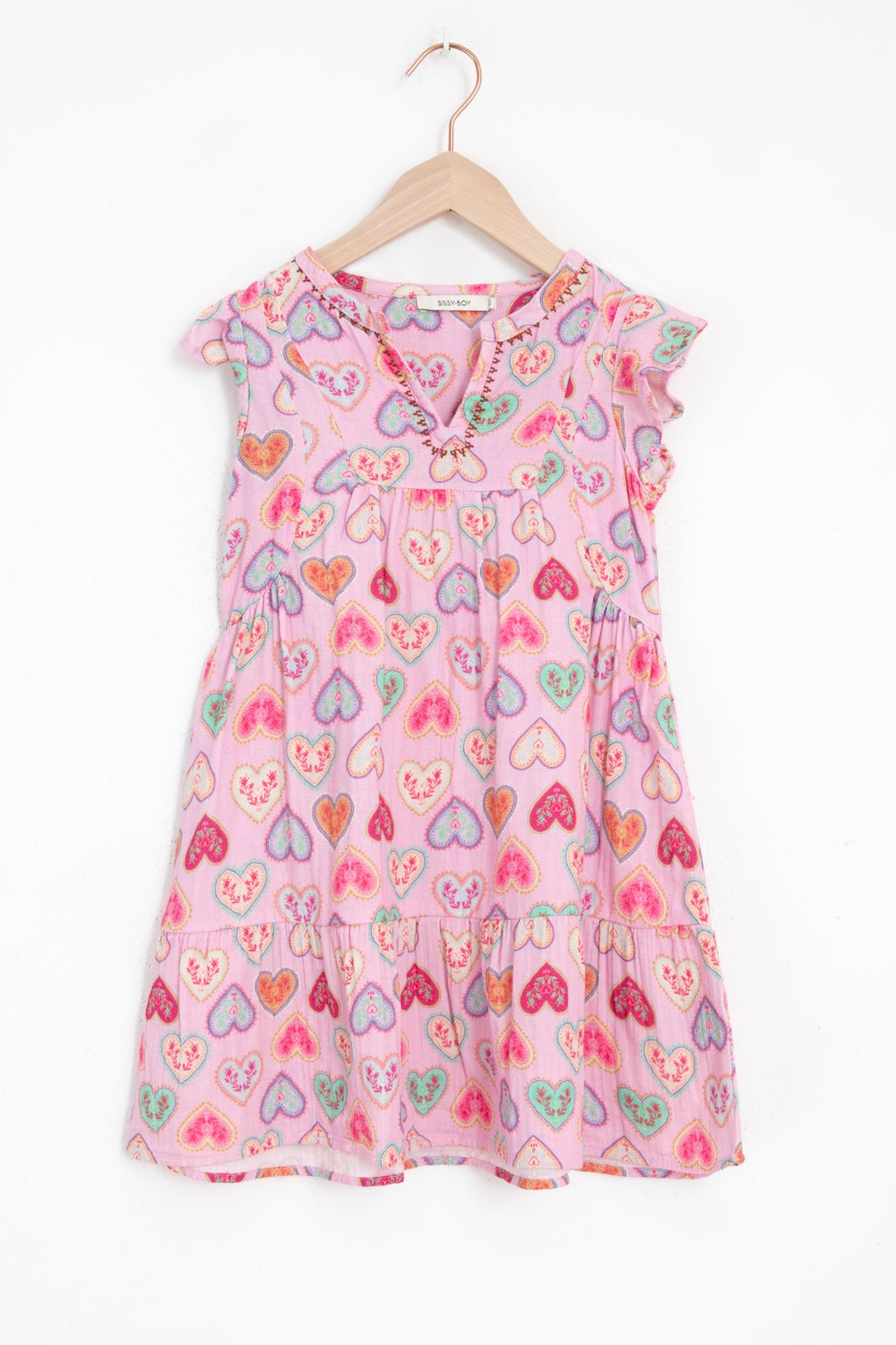 Musselin-Kleid mit Volants und Herz-Print - rosa