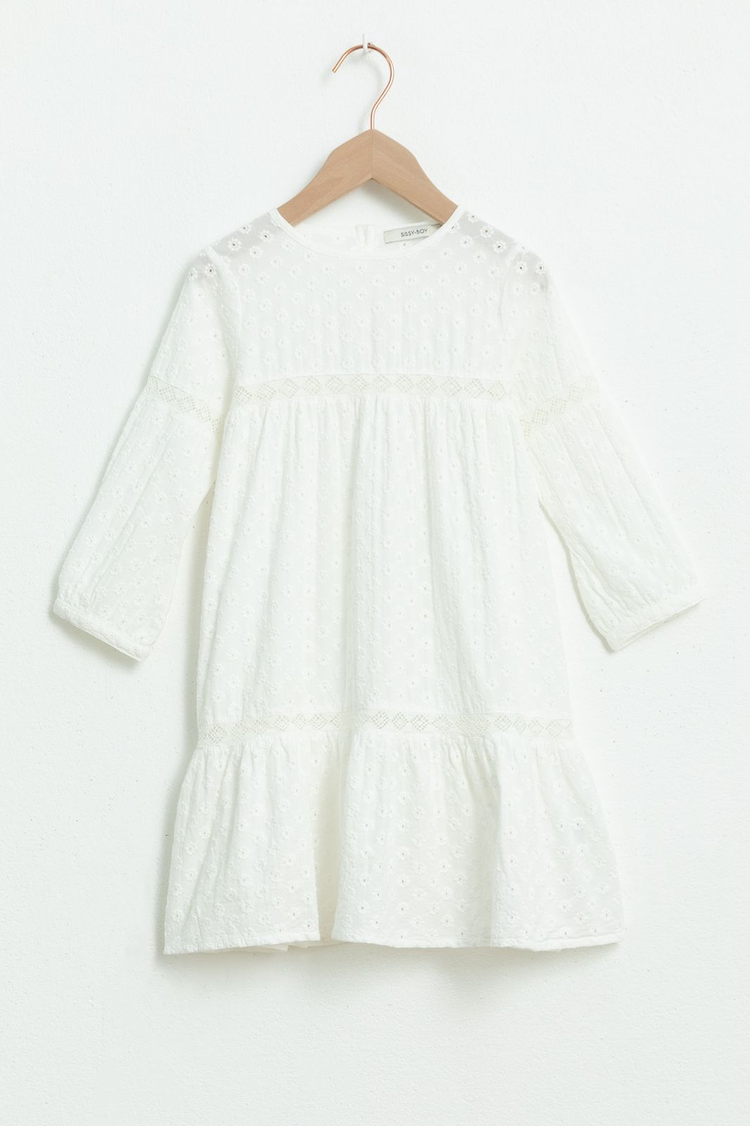 Langarm-Kleid mit Anglaise-Stickerei - weiß