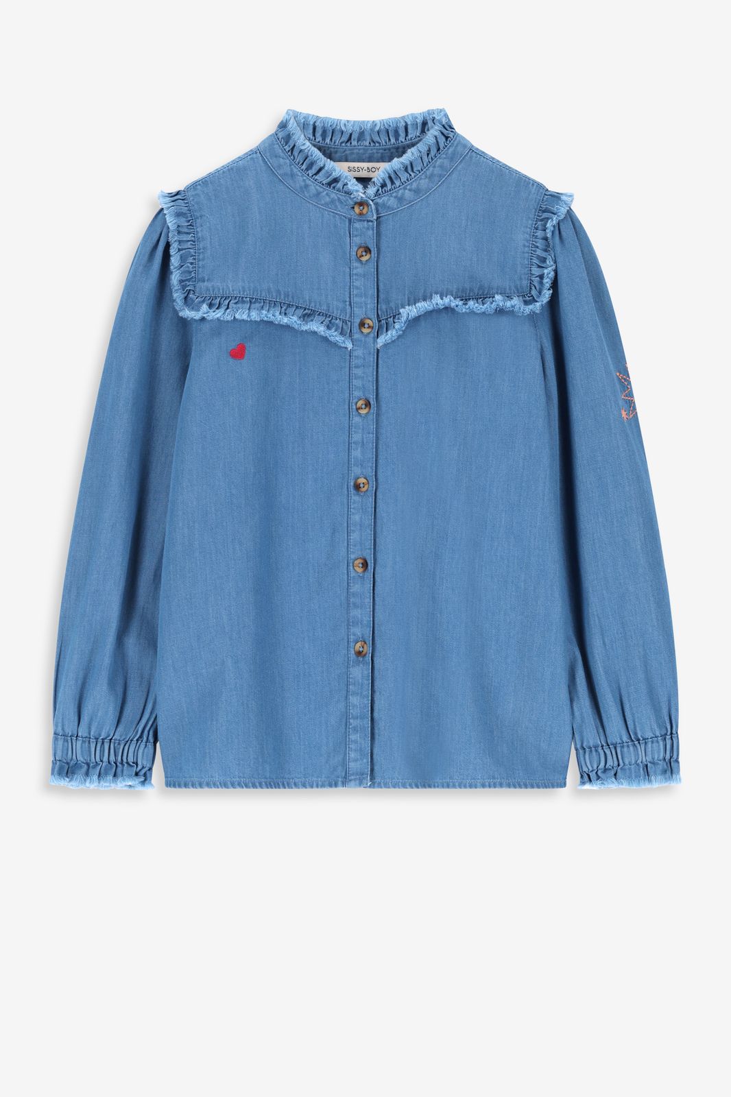 Blouse denim à volants - bleu