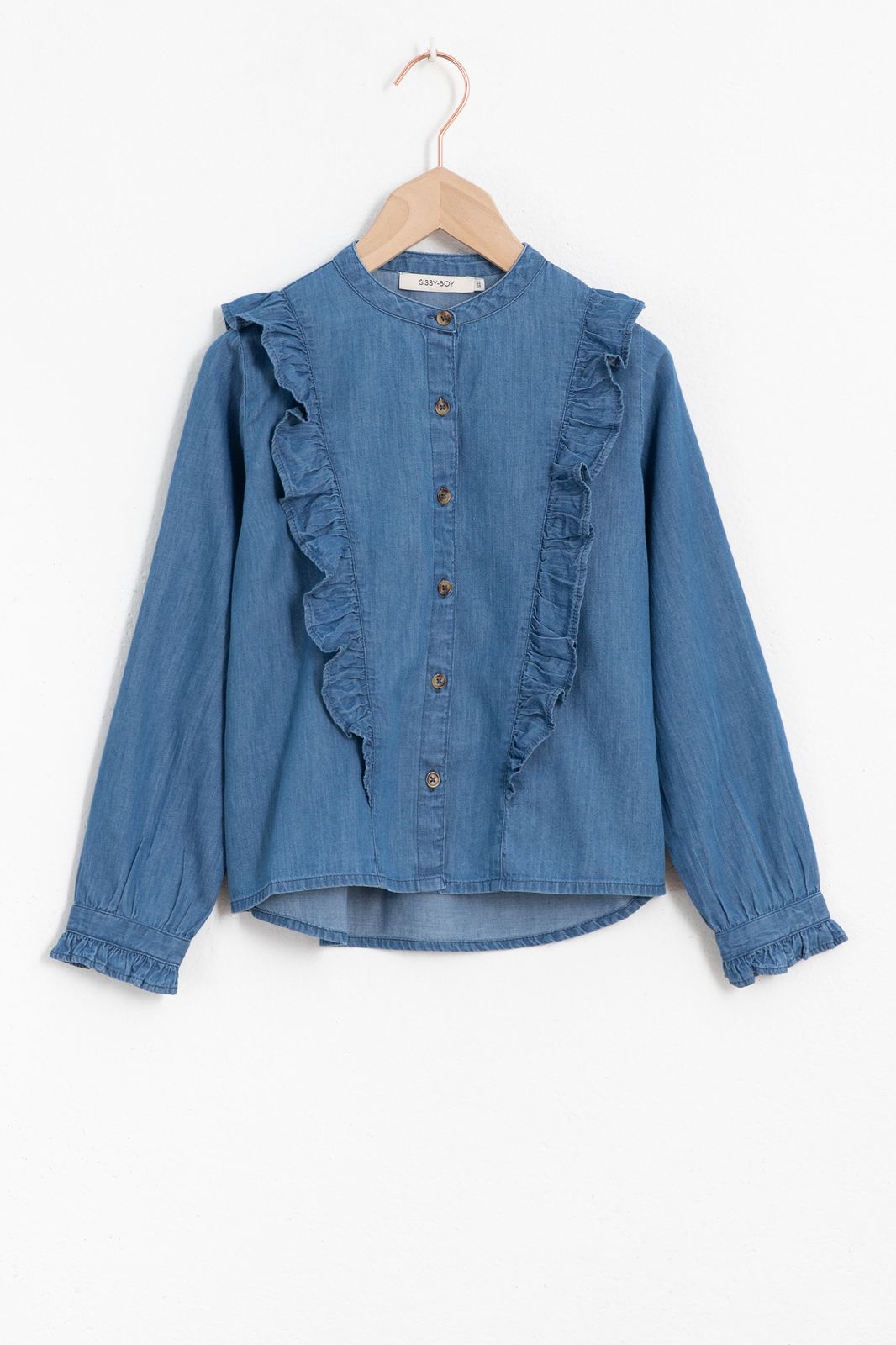 Blauwe denim blouse met ruffles - Kids | Sissy-Boy