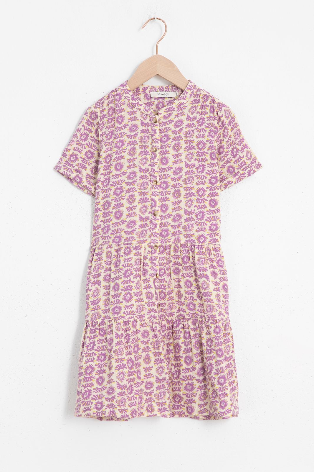 Lichtgele mousseline jurk met paarse print - Kids | Sissy-Boy